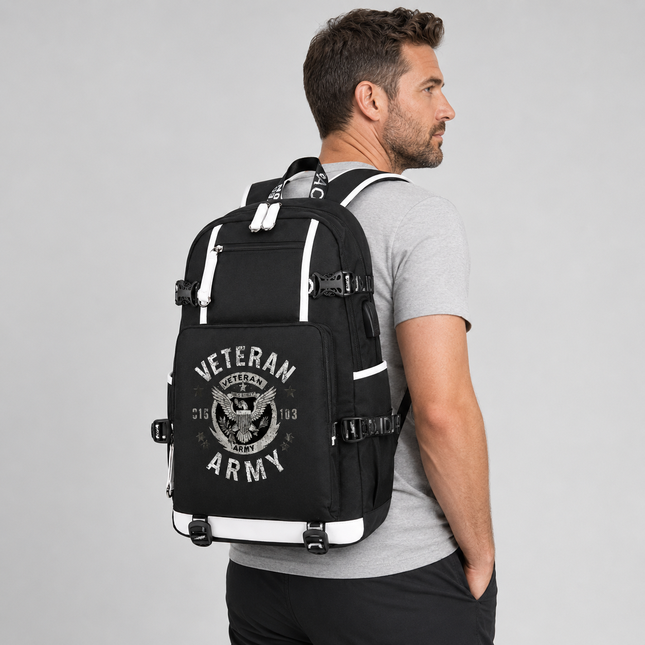 Model wearing U.S. Army Veteran Eagle Crest black backpack