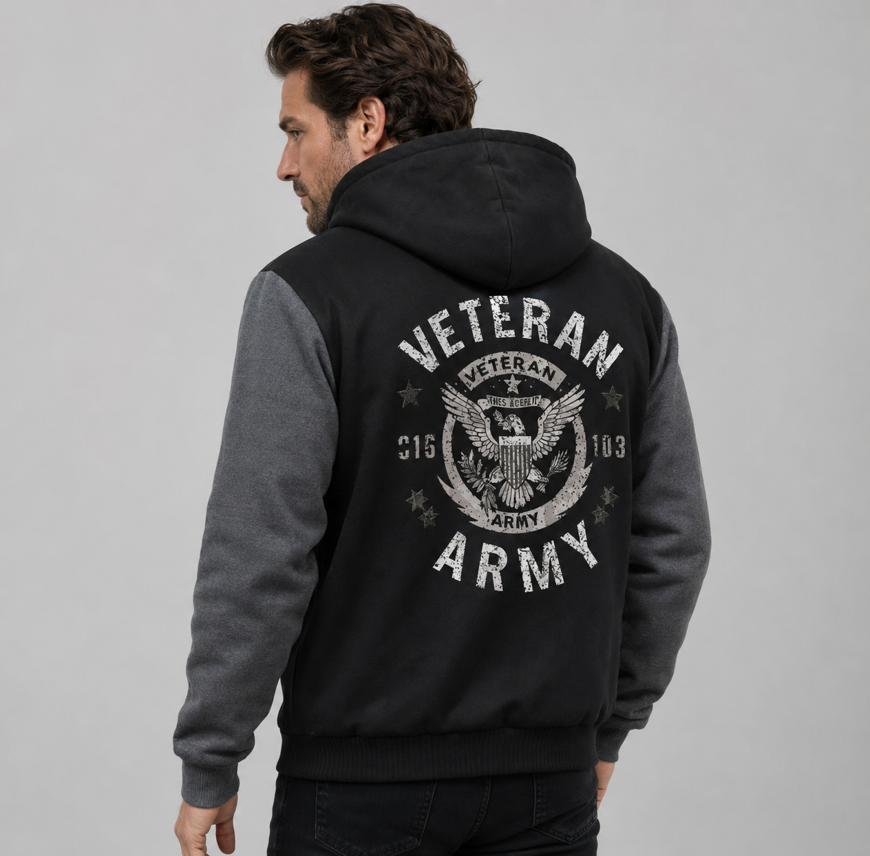Model wearing U.S. Army Veteran Eagle Crest black and gray fleece jacket, back view