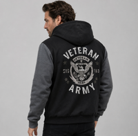 Thumbnail for Model wearing U.S. Army Veteran Eagle Crest black and gray fleece jacket, back view