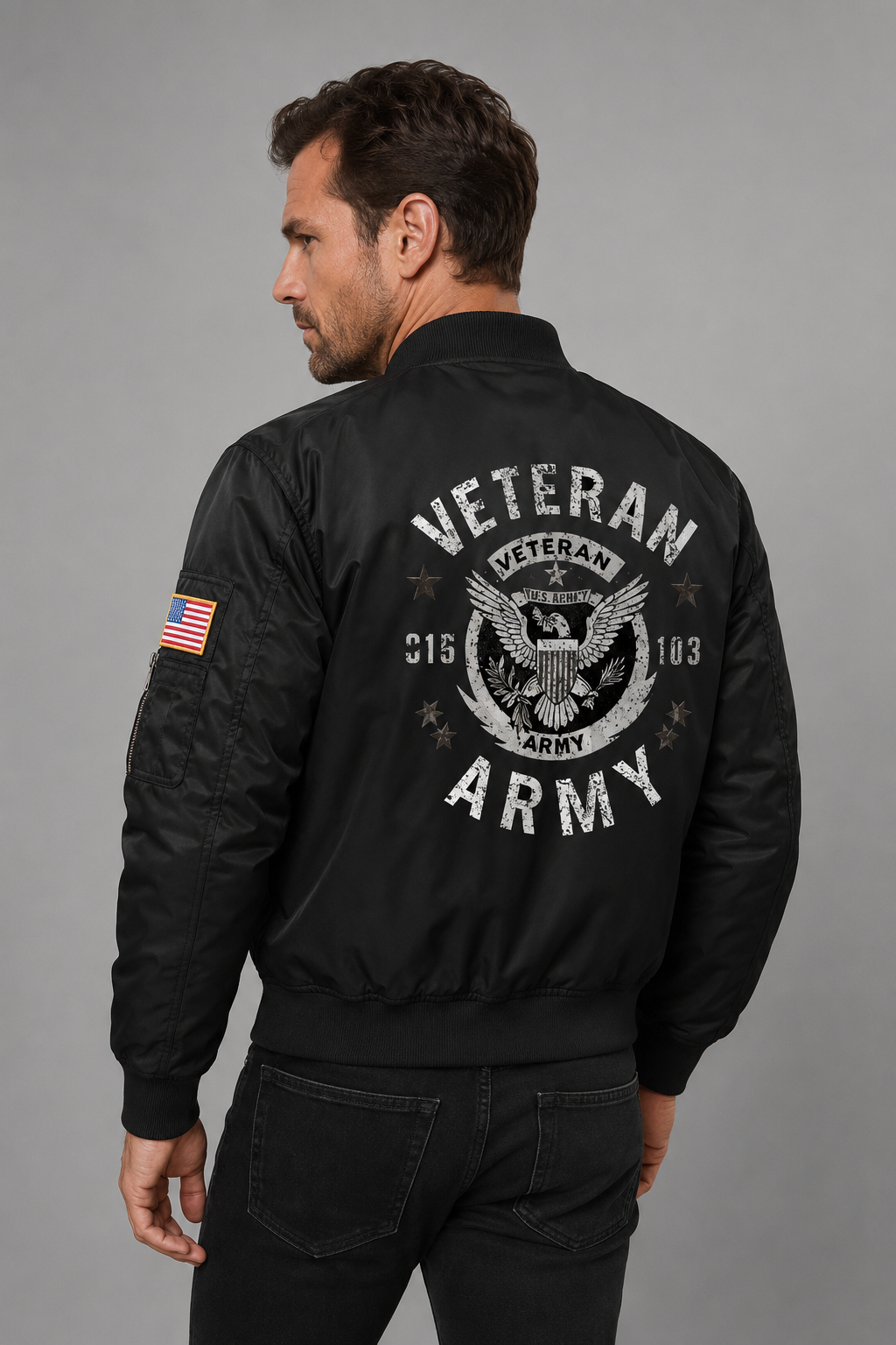 Model wearing U.S. Army Veteran Eagle Crest black jacket, back view