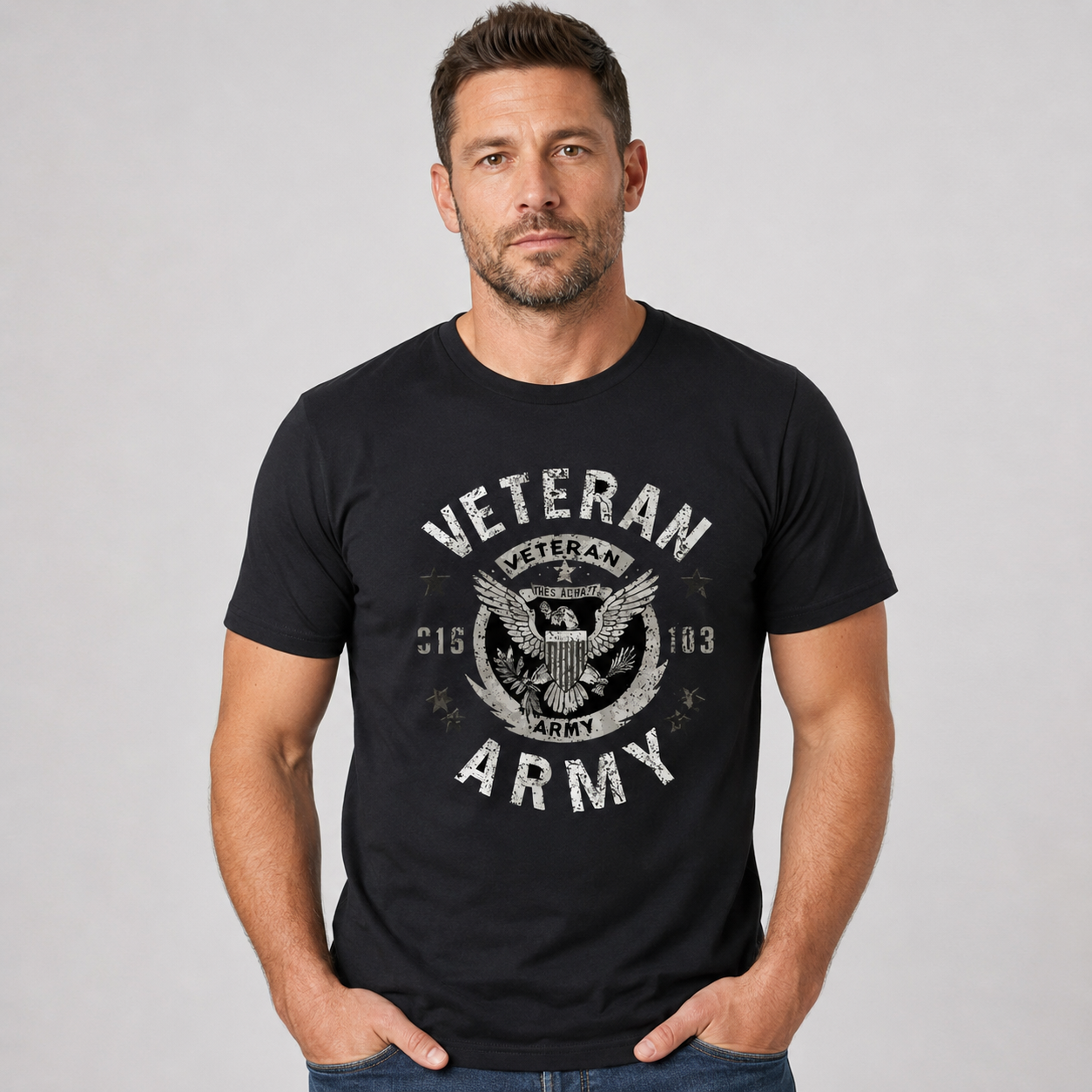 Model wearing U.S. Army Veteran Eagle Crest black graphic T-shirt