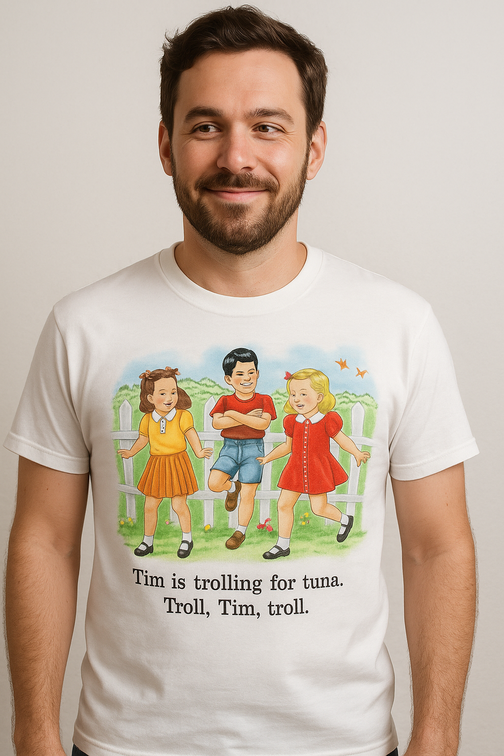 Childhood Tim is Trolling For Tuna. Troll, Tim, Troll. White Tshirt