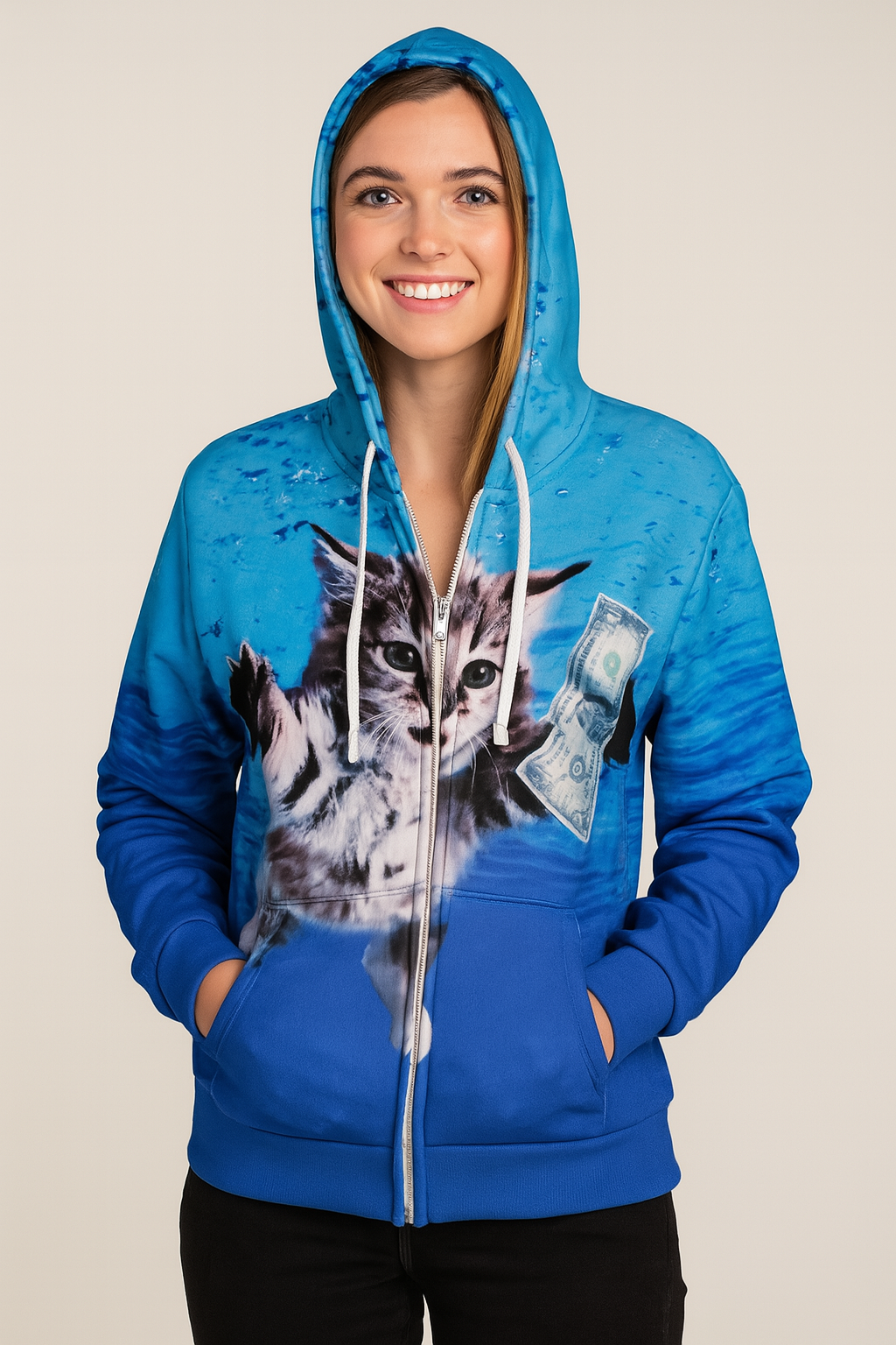 Nirvana Nevermind Kitty 3D Print Zippered Hoodie