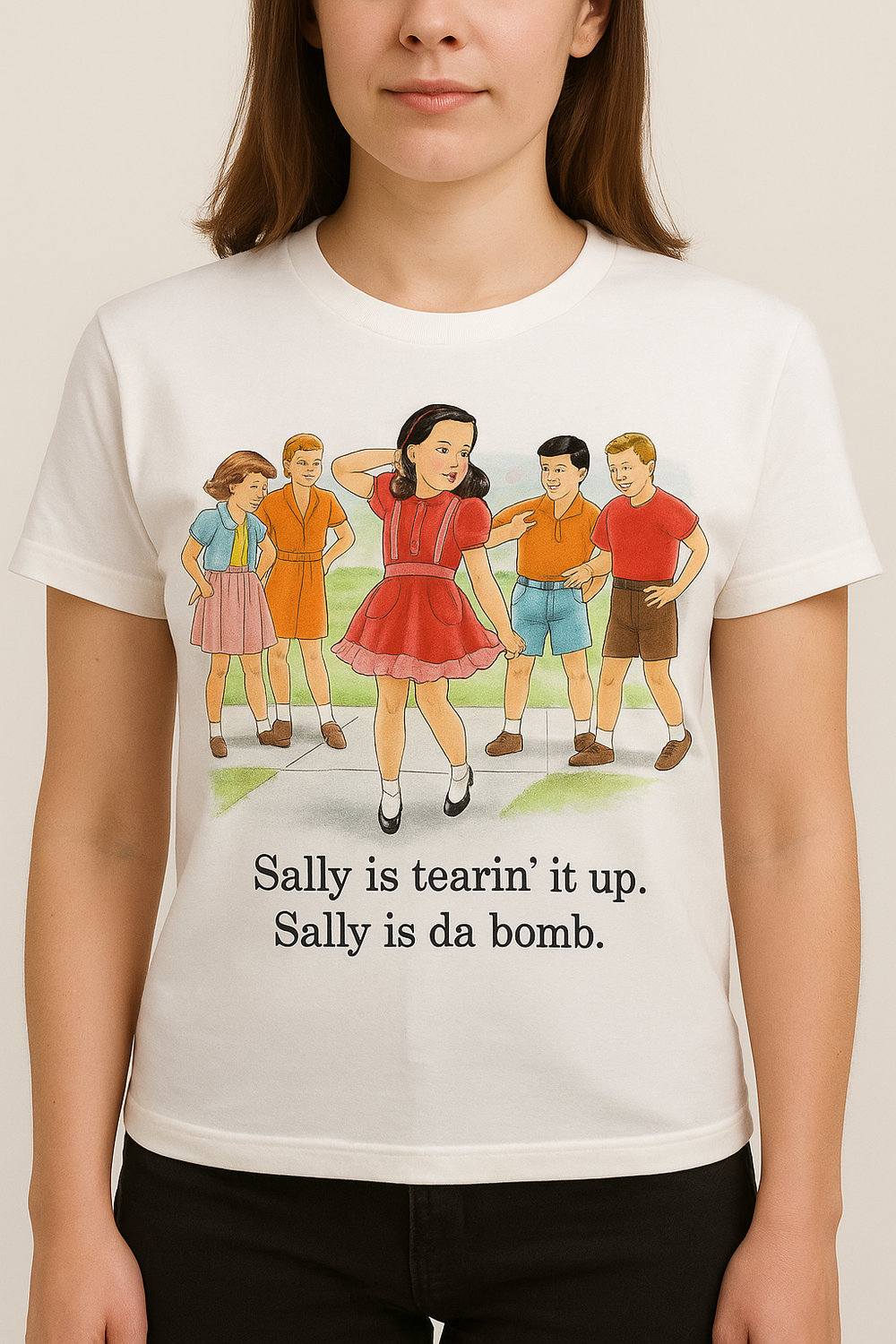 Childhood Sally is Tearin it Up, Sally is Da Bomb Adult White Tshirt