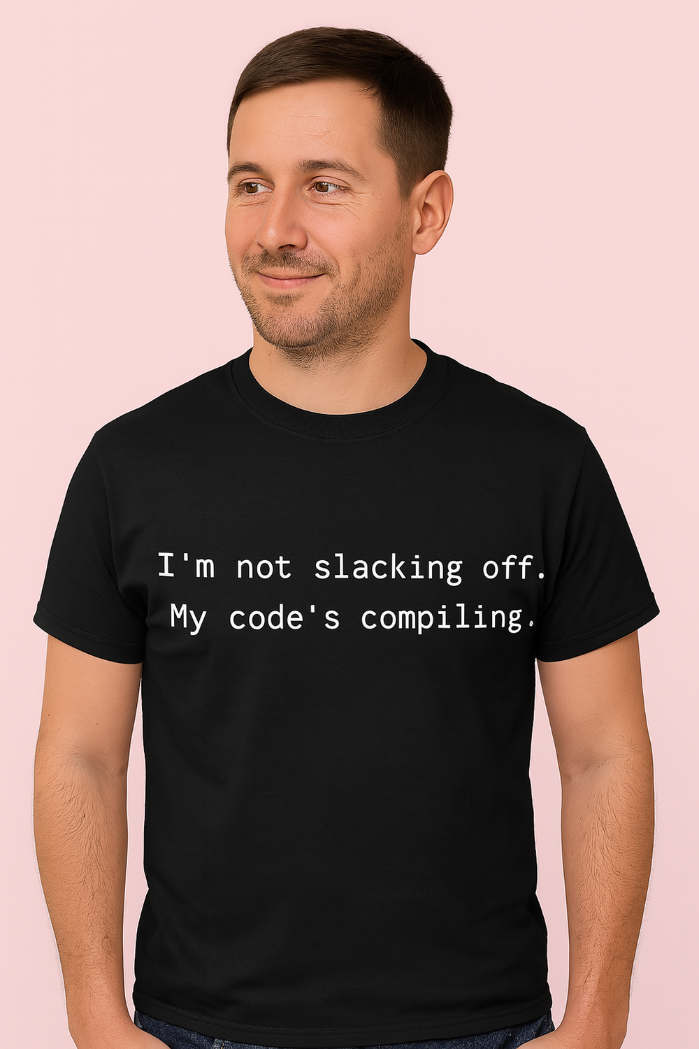 I'm Not Slacking off, My Code is Compiling Tshirt: Black With White Print