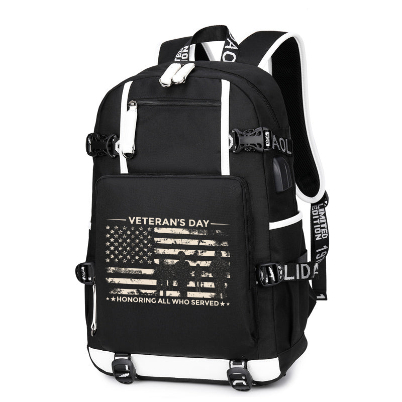 Veterans Day Honoring All Who Served backpack in Black, angle view