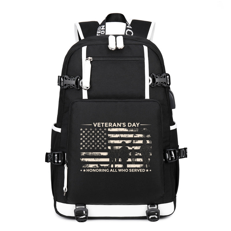Veterans Day Honoring All Who Served backpack in Black, front view