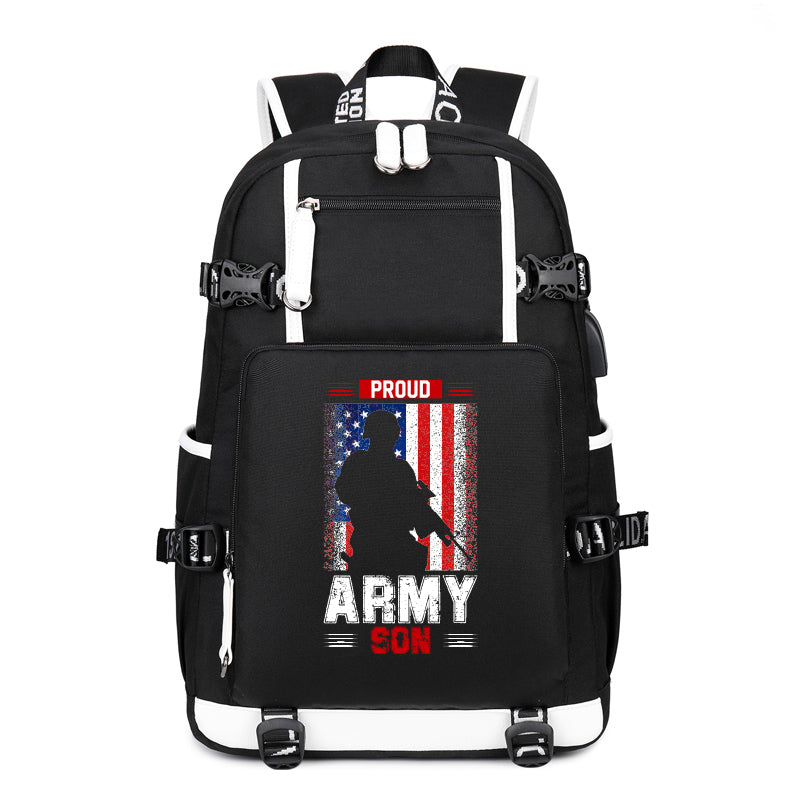 Proud Army Son American Flag backpack in Black, angle view