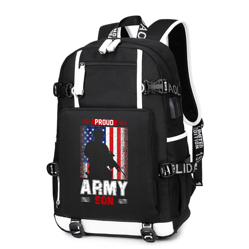 Proud Army Son American Flag backpack in Black, front view