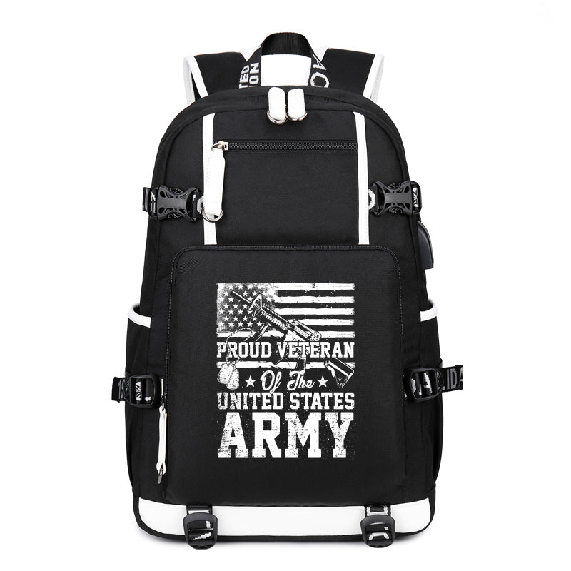 Proud U.S. Army Veteran Flag backpack in Black, angle view
