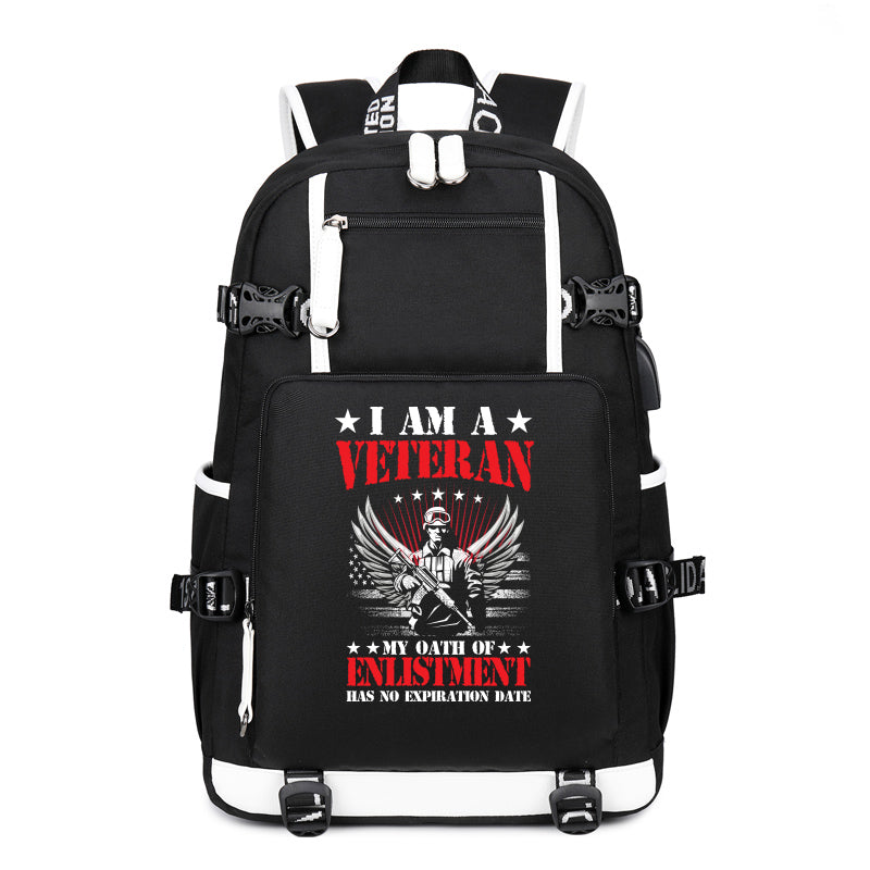 I Am a Veteran Enlistment Eagle backpack in Black, angle view