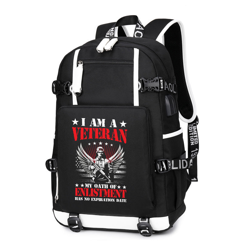 I Am a Veteran Enlistment Eagle backpack in Black, front view