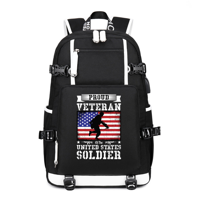 Proud Veteran U.S. Soldier Flag backpack in Black, angle view