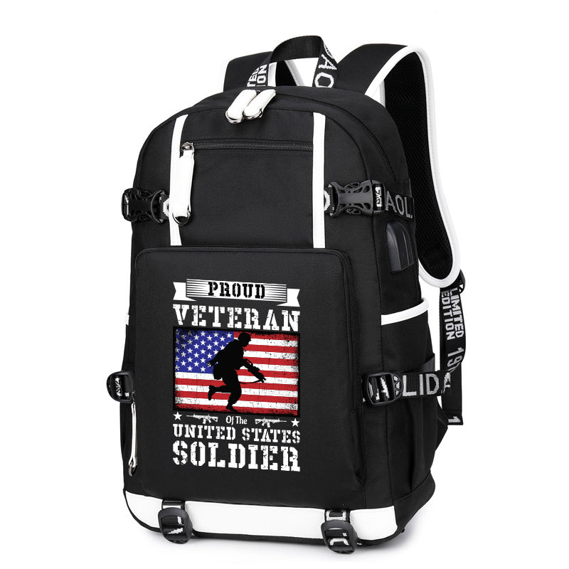 Proud Veteran U.S. Soldier Flag backpack in Black, front view