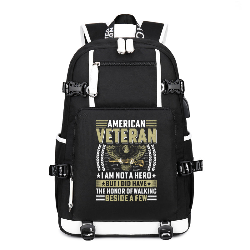 American Veteran I Am Not a Hero backpack in Black, angle view