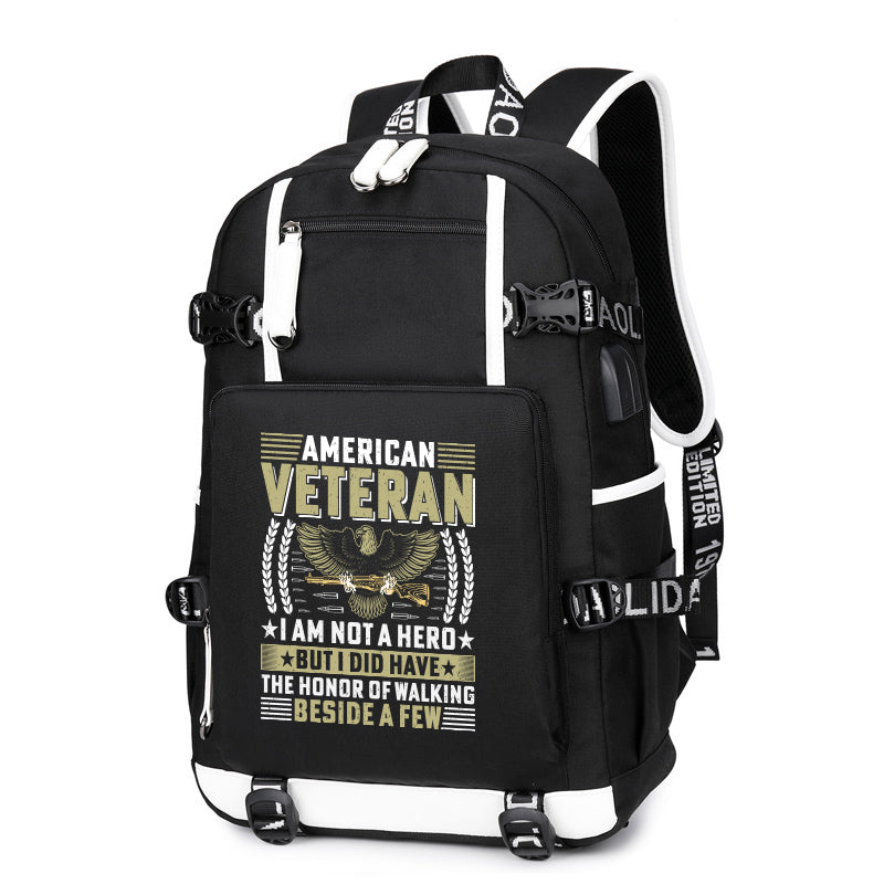 American Veteran I Am Not a Hero backpack in Black, front view
