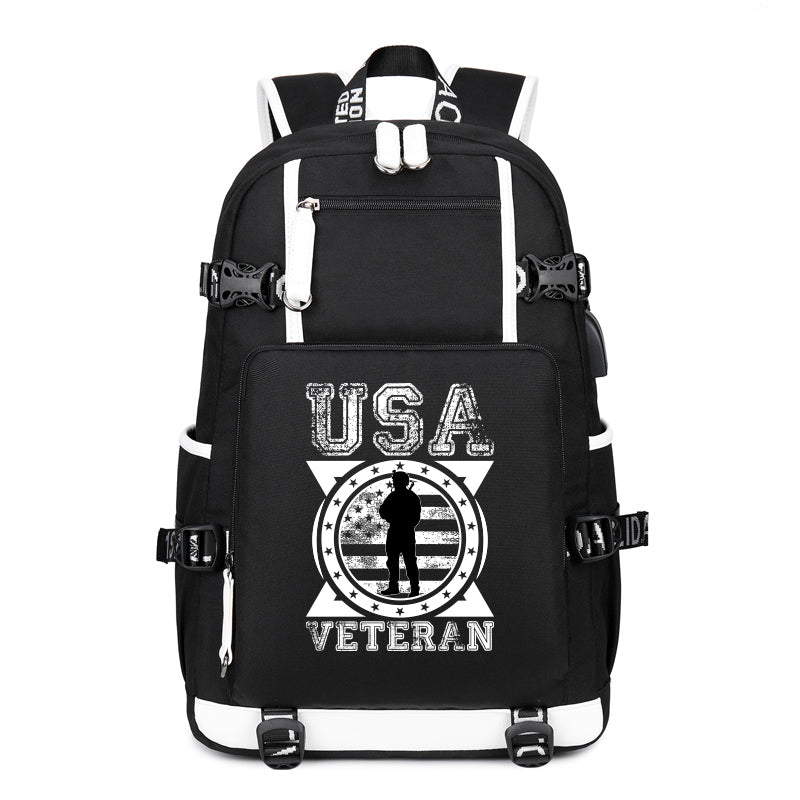 USA Veteran Soldier Emblem backpack in Black, angle view