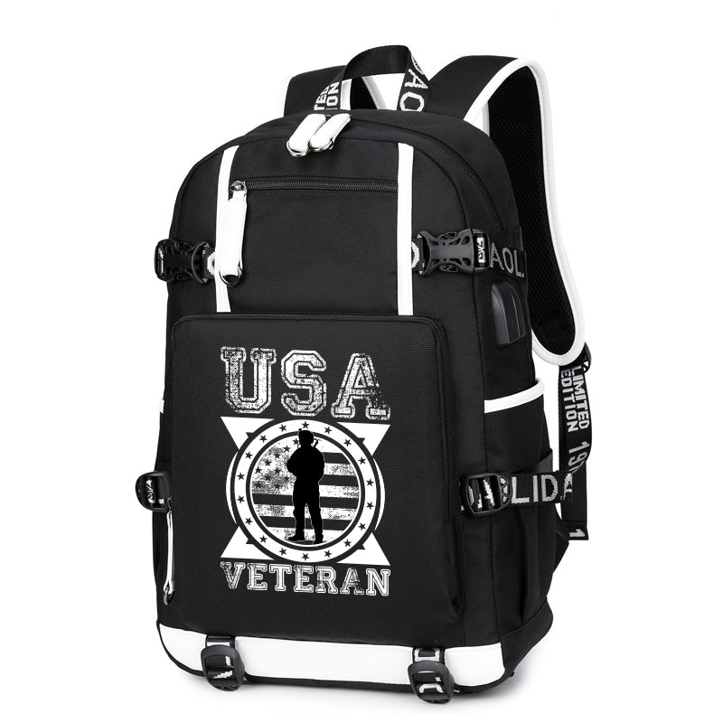 USA Veteran Soldier Emblem backpack in Black, front view
