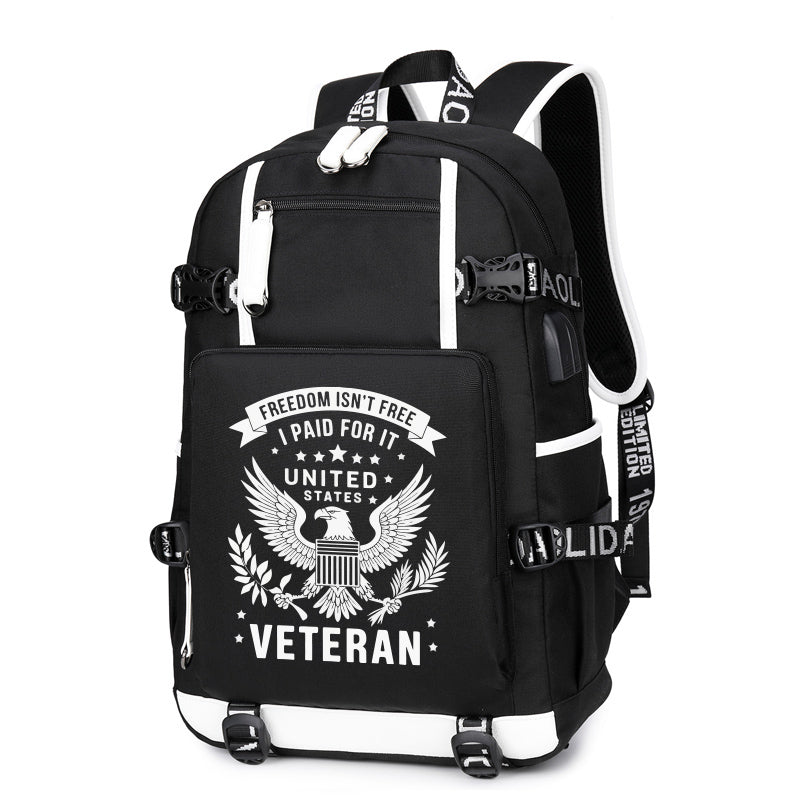 Freedom Isn't Free U.S. Veteran backpack in Black, front view