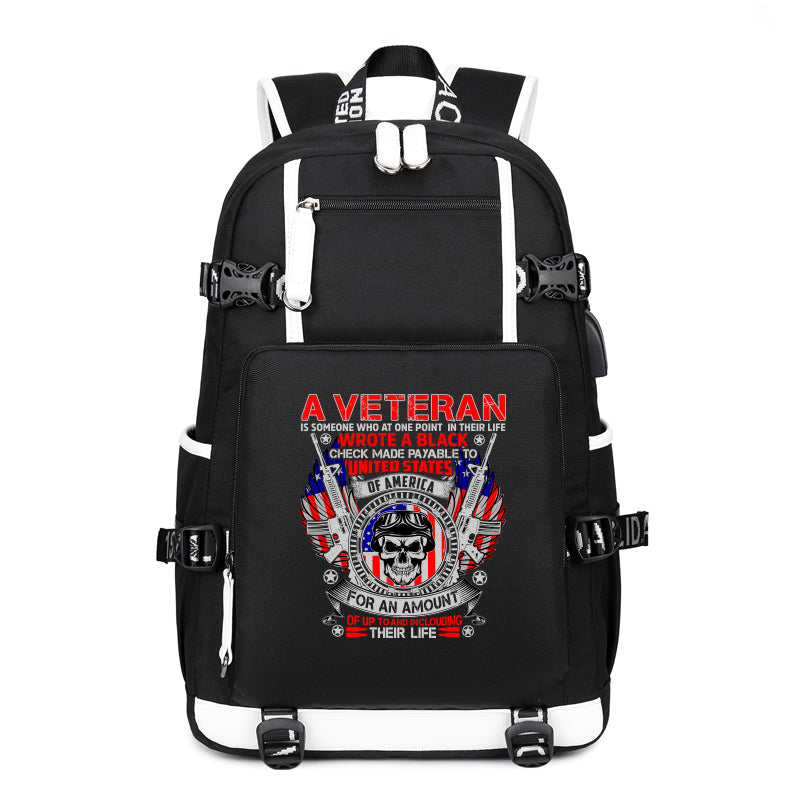 A Veteran Wrote a Blank Check backpack in Black, angle view
