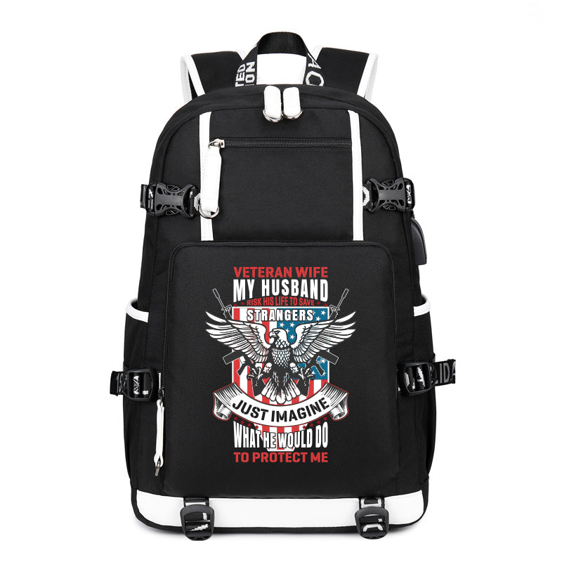Veteran Wife My Husband Is My Hero backpack in Black, angle view