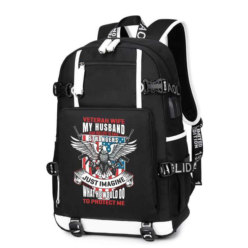 Veteran Wife My Husband Is My Hero backpack in Black, front view