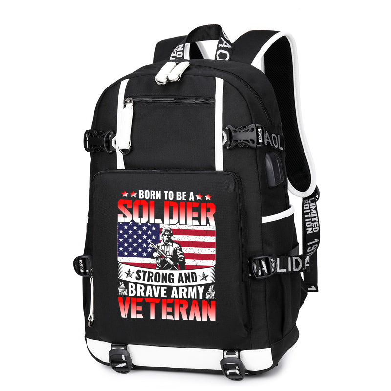 Born to Be a Soldier Army Veteran backpack in Black, front view