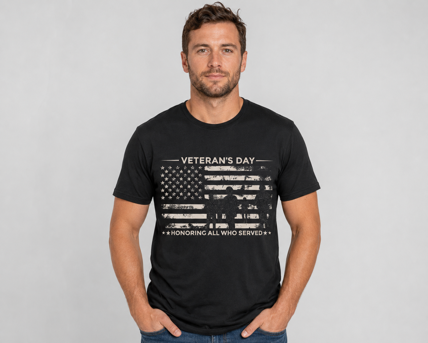 Adult model wearing Veterans Day Honoring All Who Served black graphic T-shirt, front view