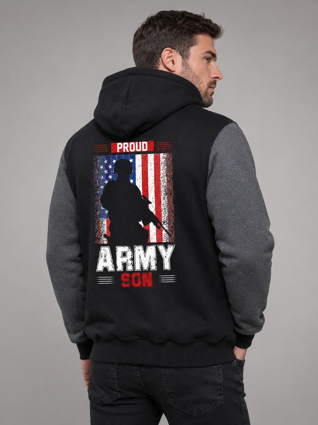 Adult model wearing Proud Army Son American Flag black and gray fleece jacket, three-quarter back view