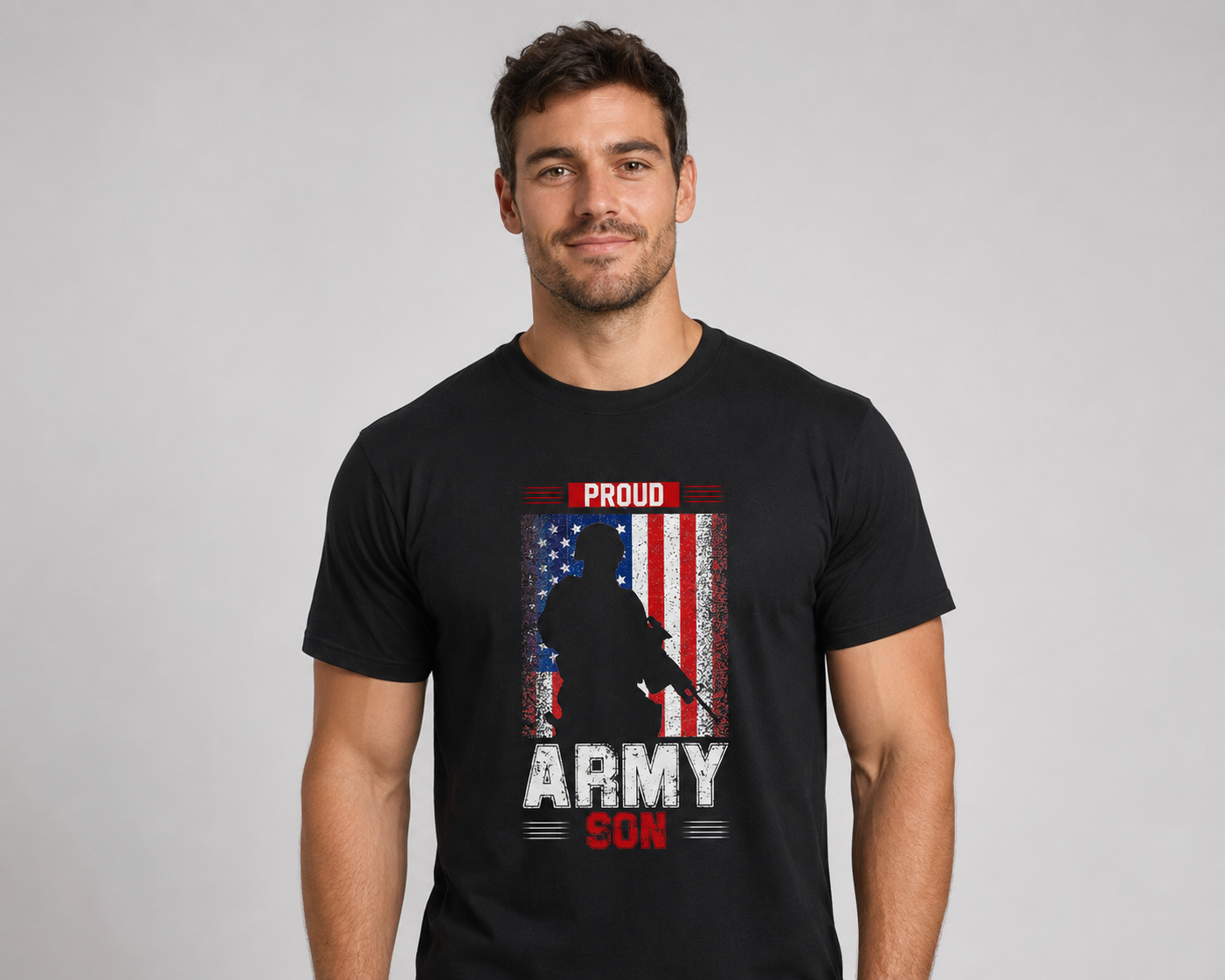 Adult model wearing Proud Army Son American Flag black graphic T-shirt, front view