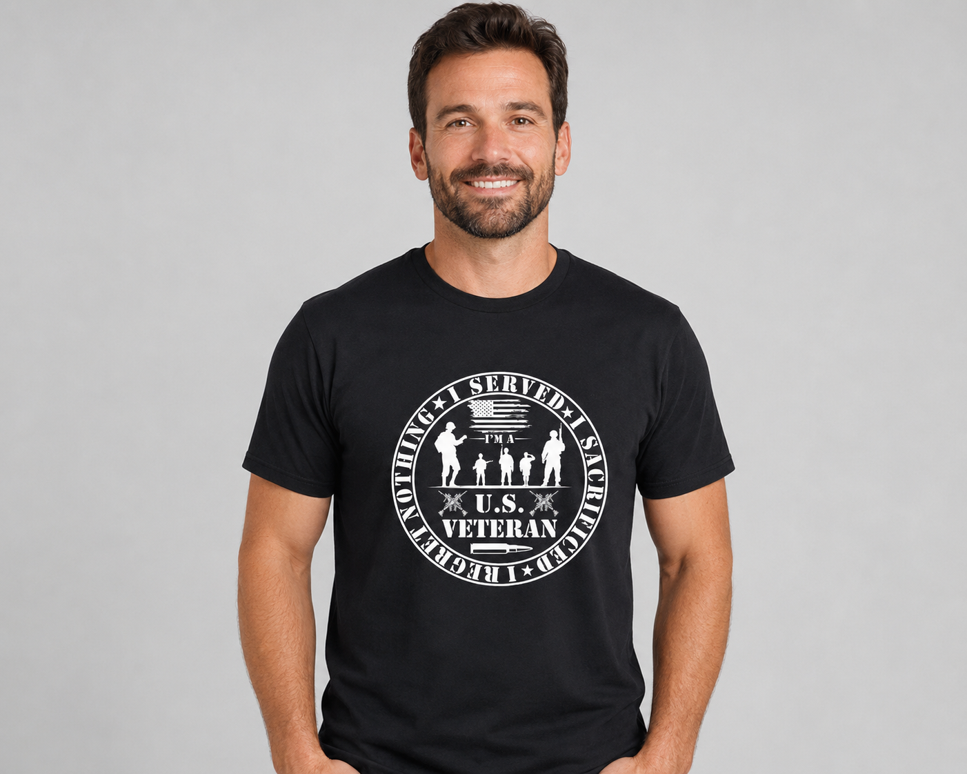 Adult model wearing U.S. Veteran Service Badge black graphic T-shirt, front view
