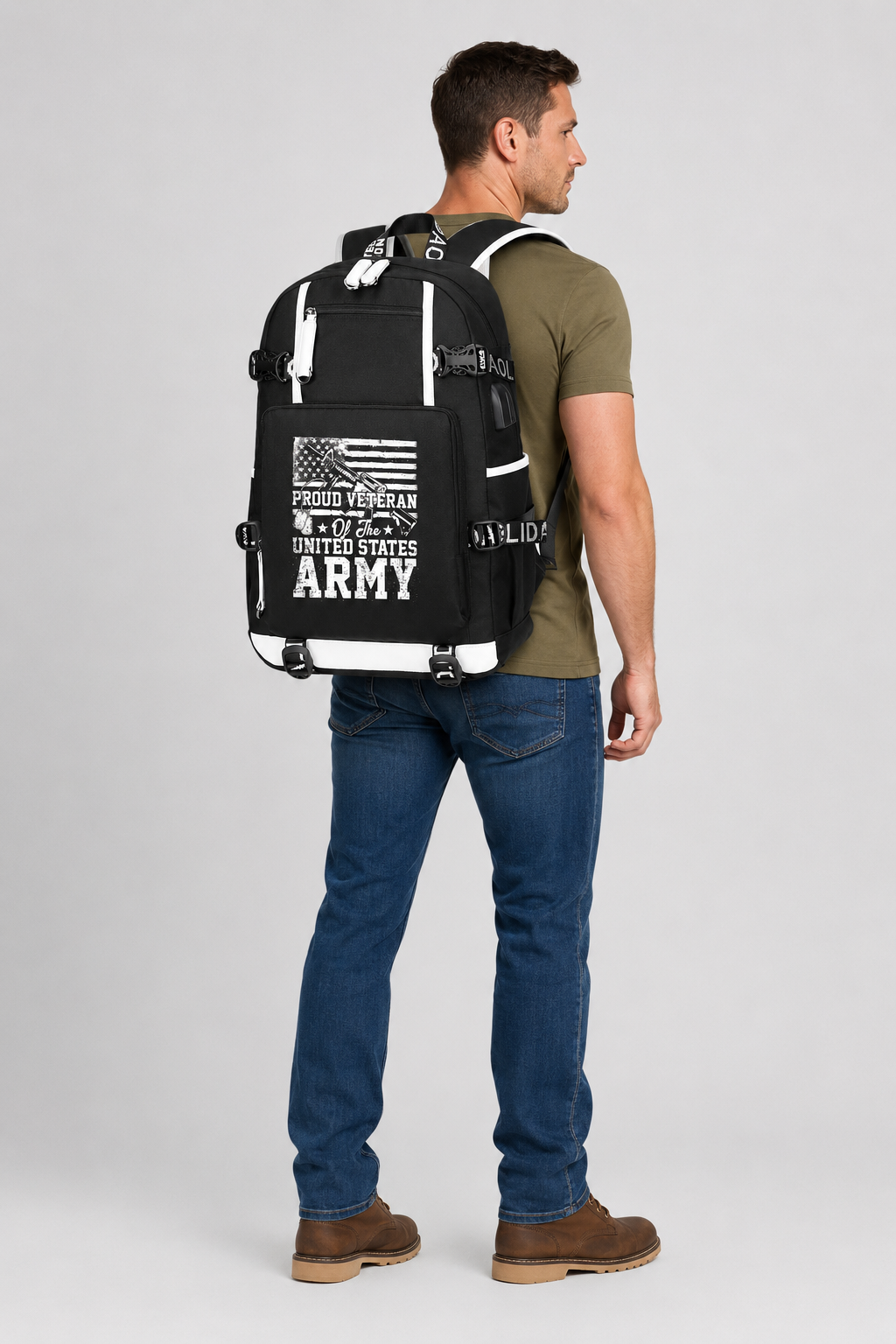 Adult model wearing Proud U.S. Army Veteran Flag black backpack, three-quarter rear view