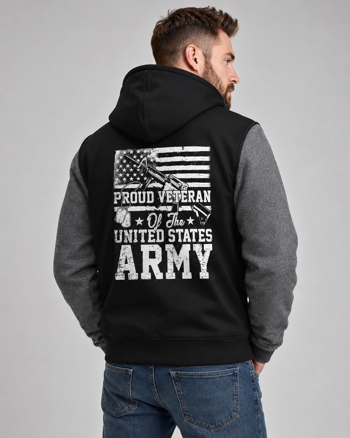 Adult model wearing Proud U.S. Army Veteran Flag black and gray fleece jacket, three-quarter back view