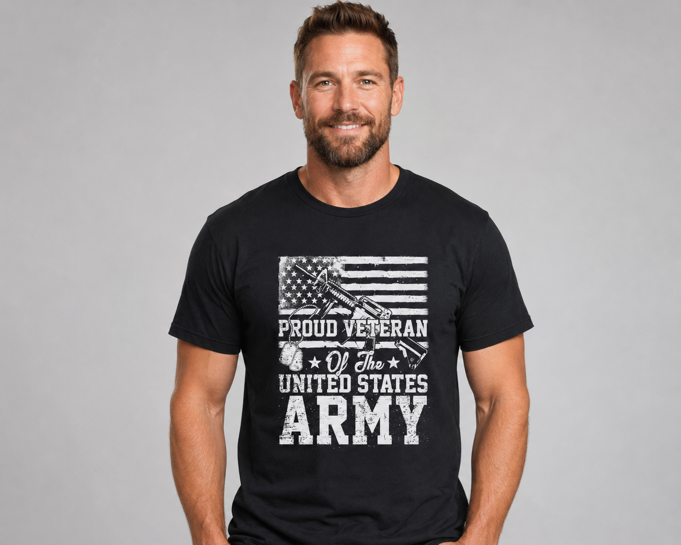Adult model wearing Proud U.S. Army Veteran Flag black graphic T-shirt, front view