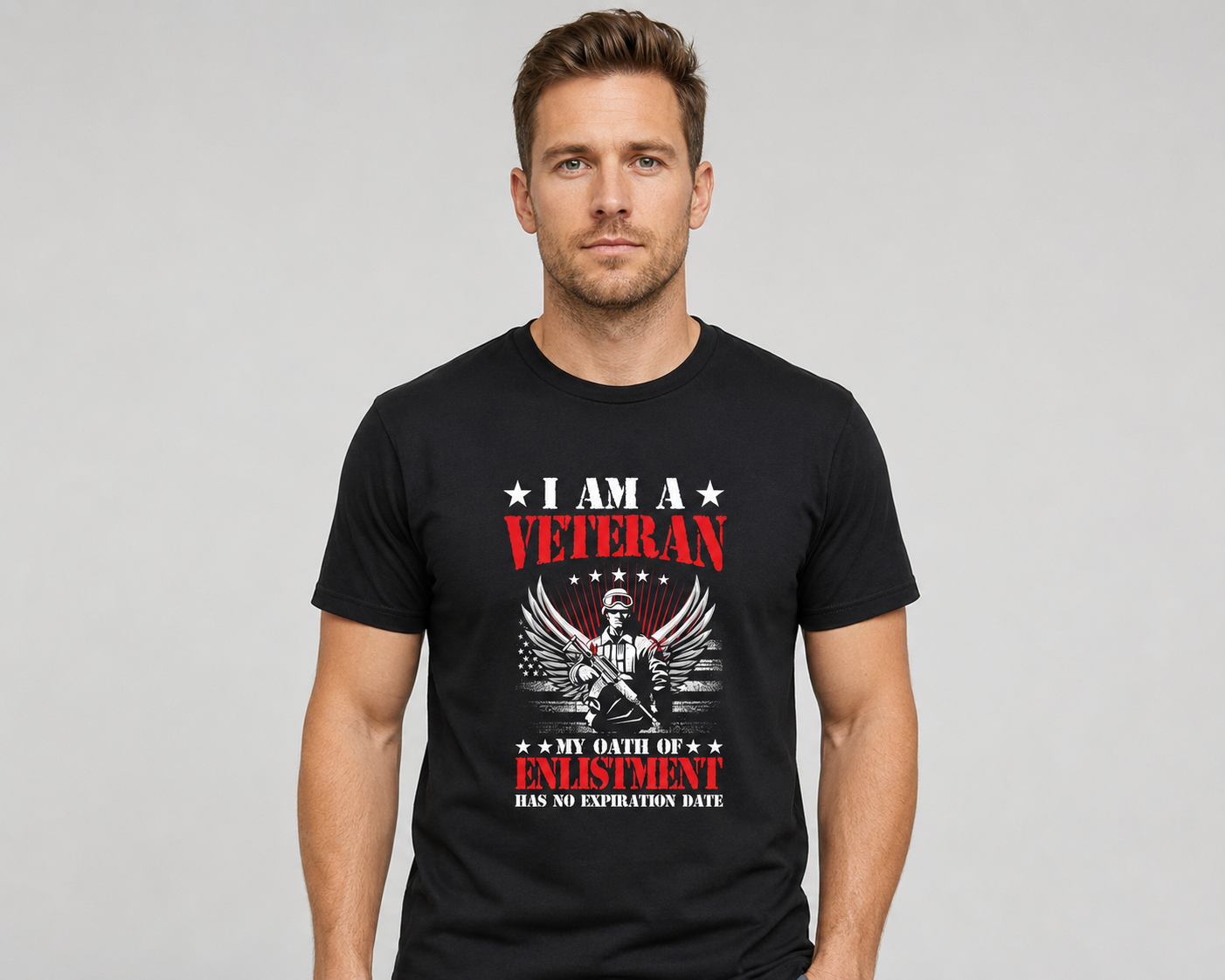 Adult model wearing I Am a Veteran Enlistment Eagle black graphic T-shirt, front view