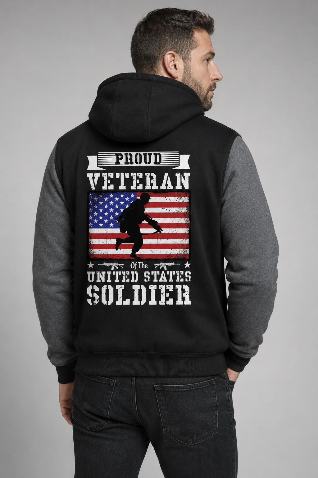 Adult model wearing Proud Veteran U.S. Soldier Flag black and gray fleece jacket, three-quarter back view