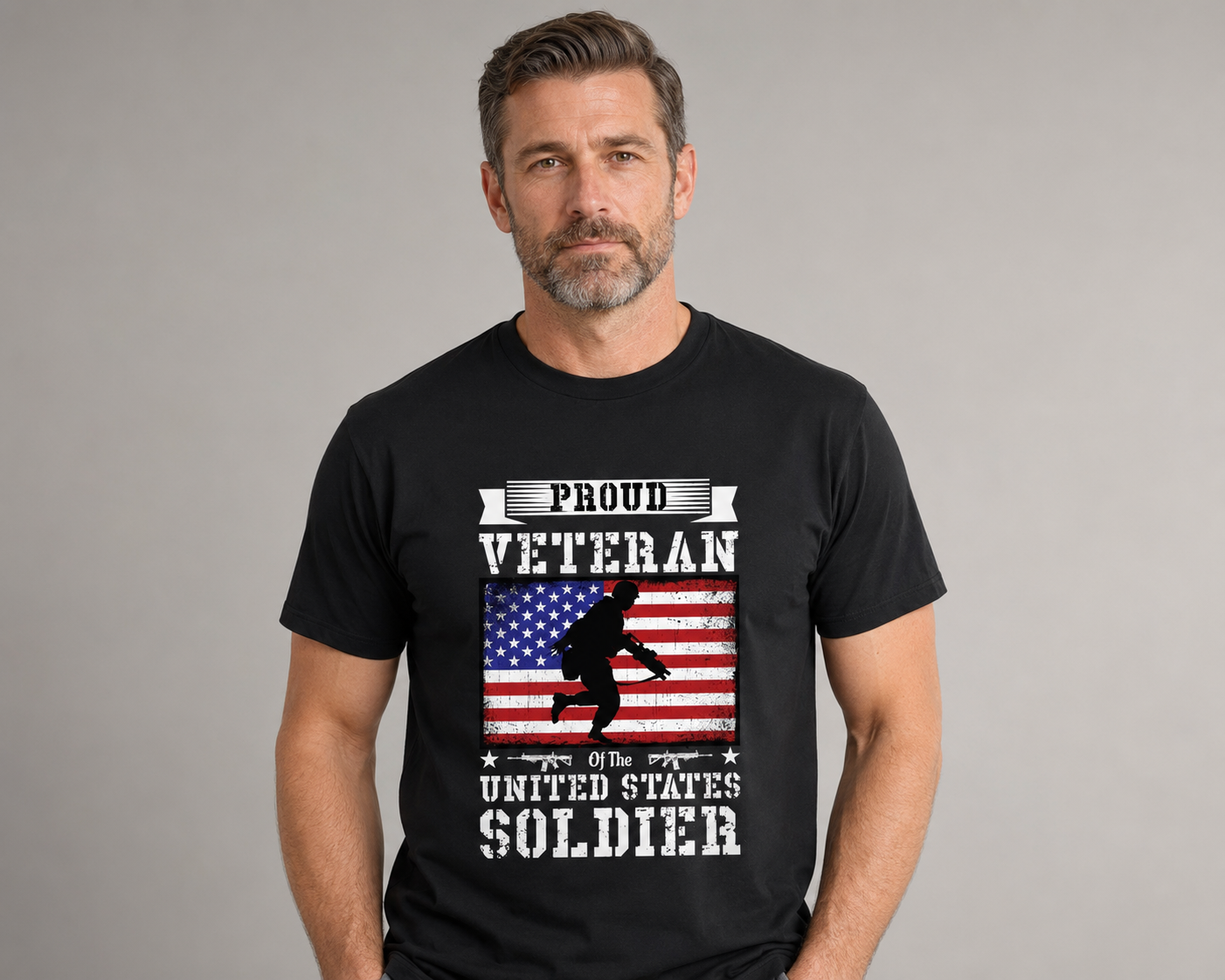 Adult model wearing Proud Veteran U.S. Soldier Flag black graphic T-shirt, front view