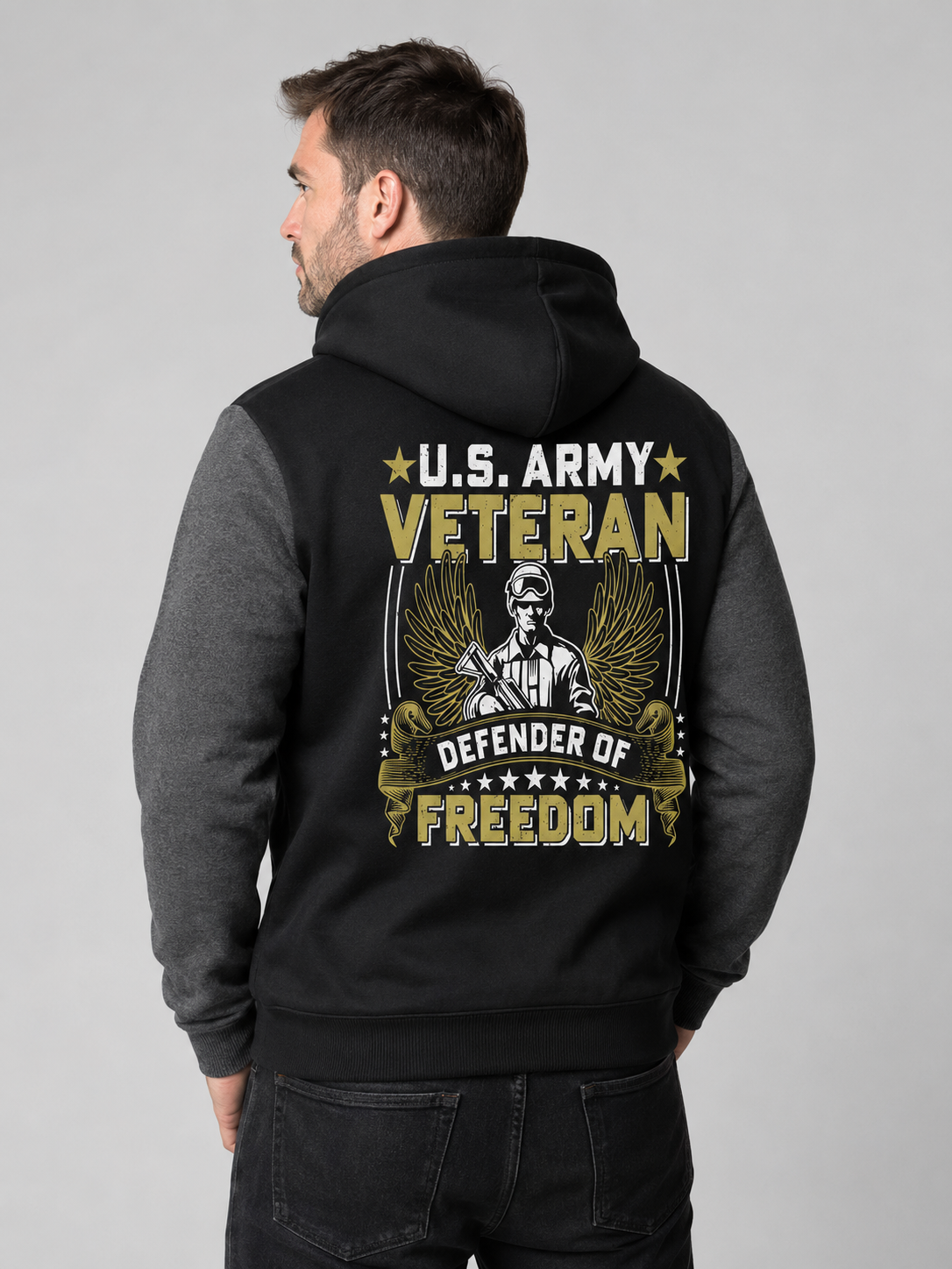 Adult model wearing U.S. Army Veteran Defender of Freedom black and gray fleece jacket, three-quarter back view