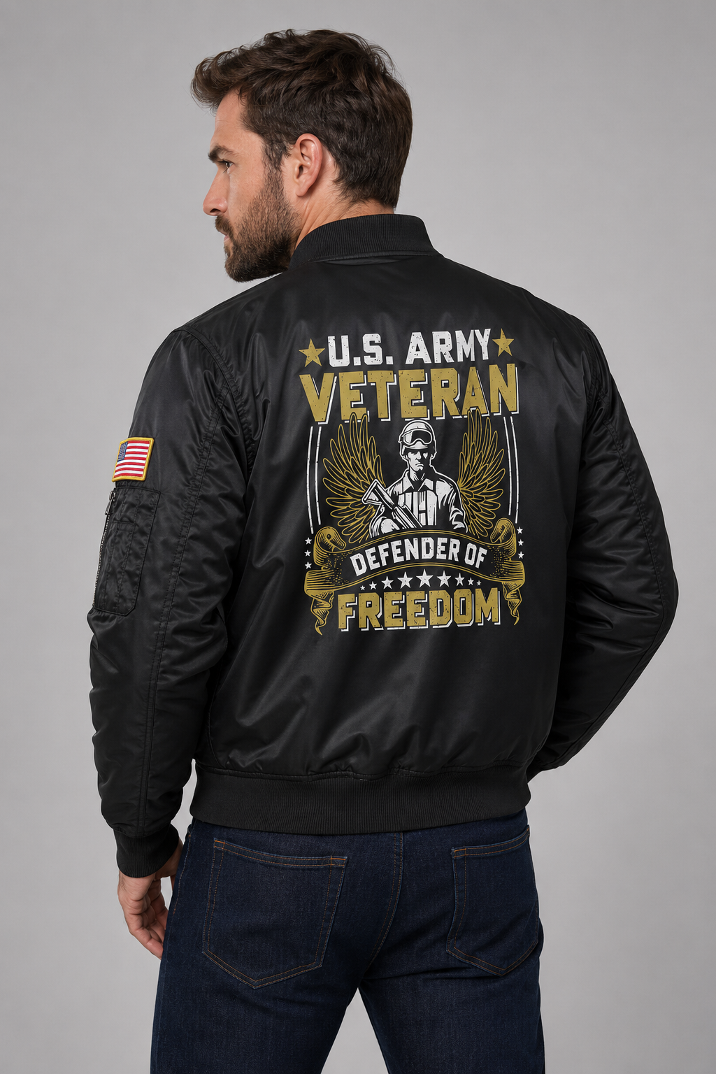 Adult model wearing U.S. Army Veteran Defender of Freedom black bomber jacket, three-quarter back view