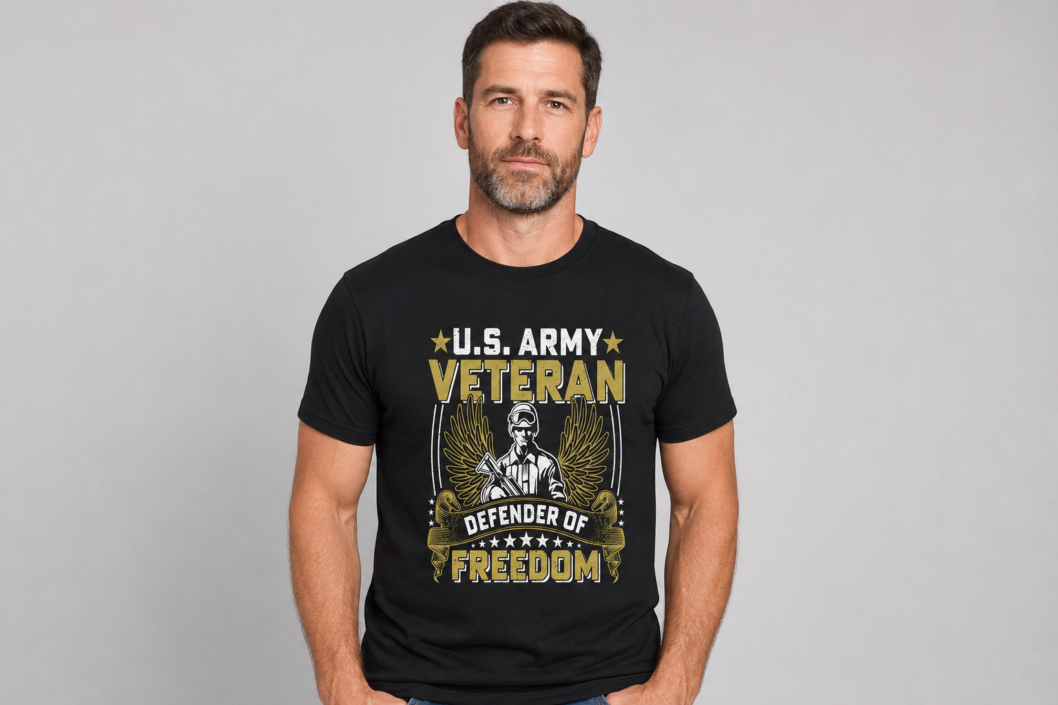 Adult model wearing U.S. Army Veteran Defender of Freedom black graphic T-shirt, front view