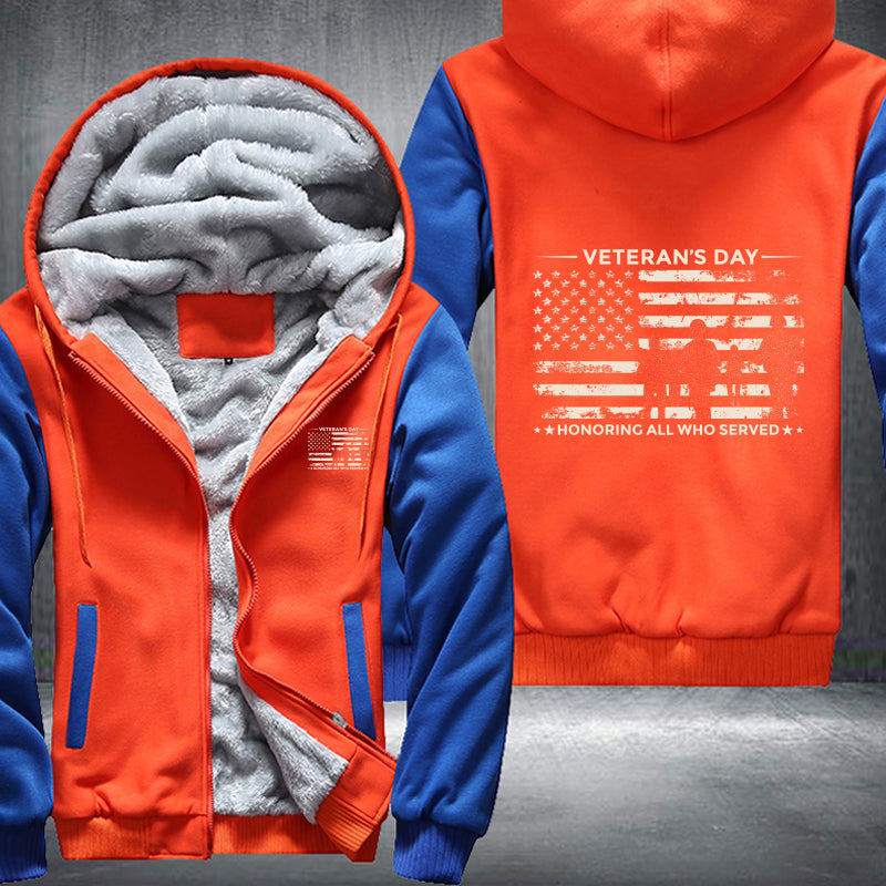 Veterans Day Honoring All Who Served fleece jacket in Orange Blue, product view