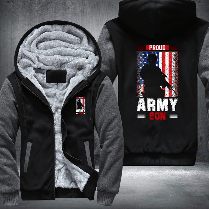 Proud Army Son American Flag fleece jacket in Black Grey, product view