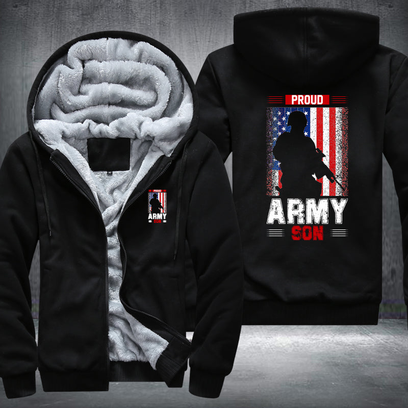 Proud Army Son American Flag fleece jacket in Black, product view