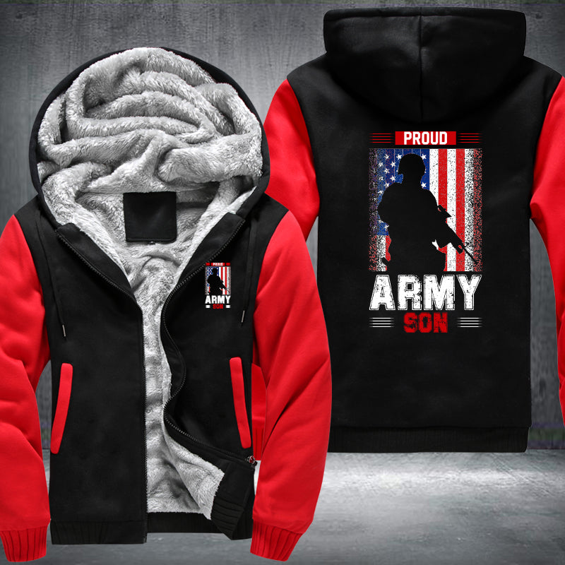 Proud Army Son American Flag fleece jacket in Black Red, product view
