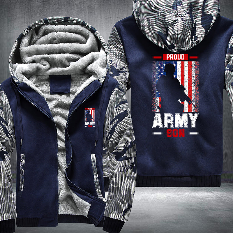 Proud Army Son American Flag fleece jacket in Blue Camo, product view