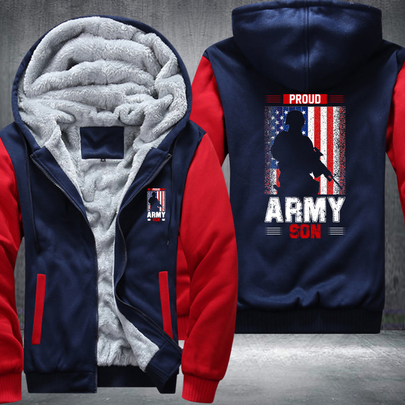 Proud Army Son American Flag fleece jacket in Blue Red, product view