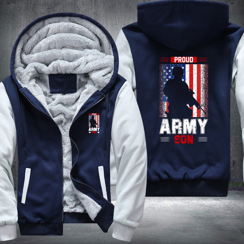 Proud Army Son American Flag fleece jacket in Blue White, product view