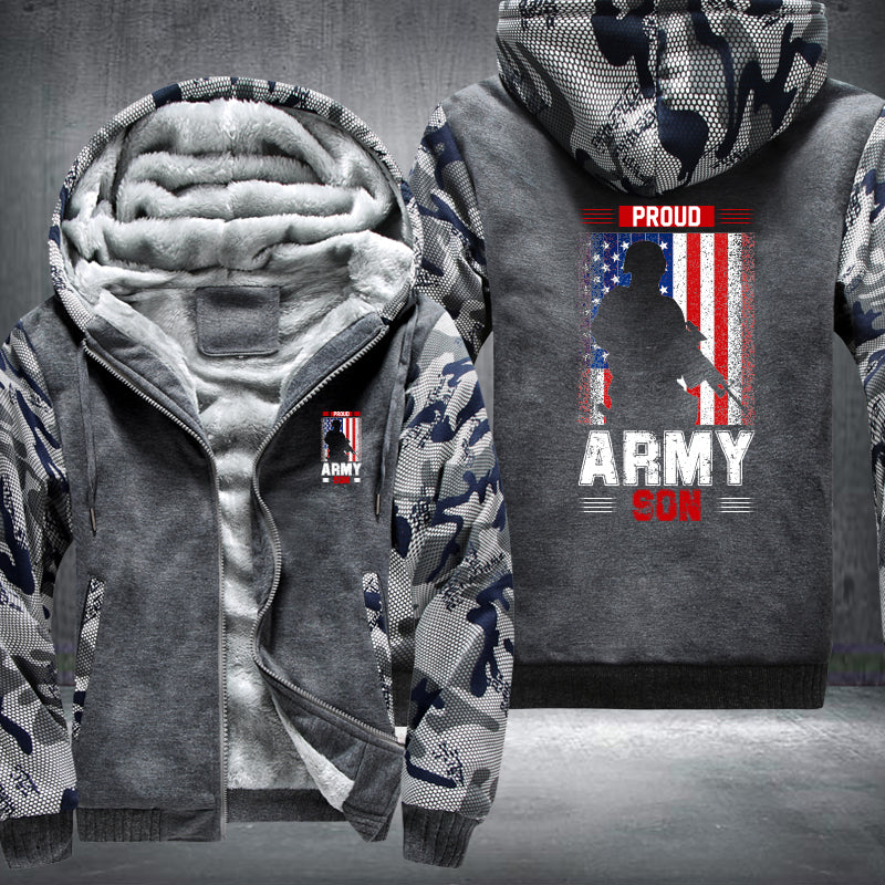 Proud Army Son American Flag fleece jacket in Grey Camo, product view