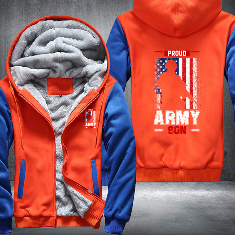 Proud Army Son American Flag fleece jacket in Orange Blue, product view