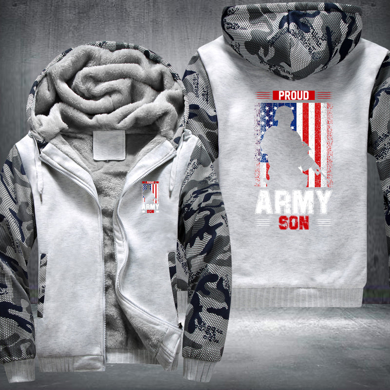 Proud Army Son American Flag fleece jacket in White Camo, product view